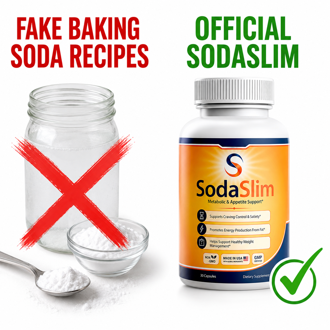 Fake baking soda recipes versus official SodaSlim comparison showing why users should avoid homemade mixtures and choose the official formula.